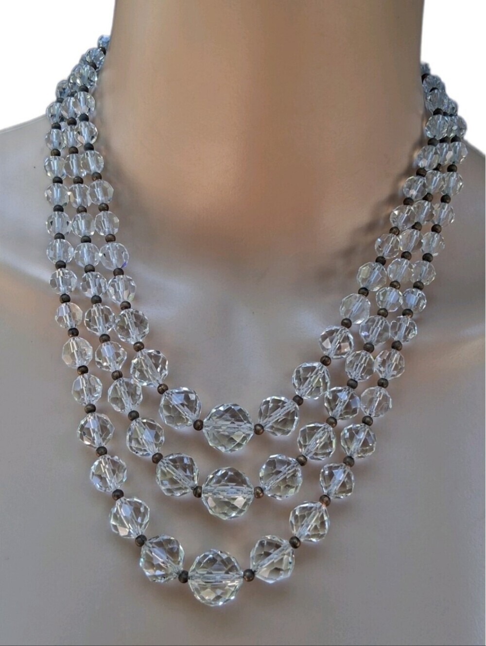 Vintage Art Deco Layered Clear Faceted Crystal Glass Statement Necklace
